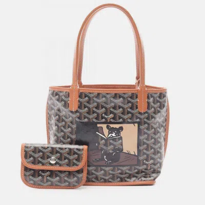 Pre-owned Goyard Ange Mini Hulo Tote Bag Pvc-coated Canvas And Leather Black Brown White