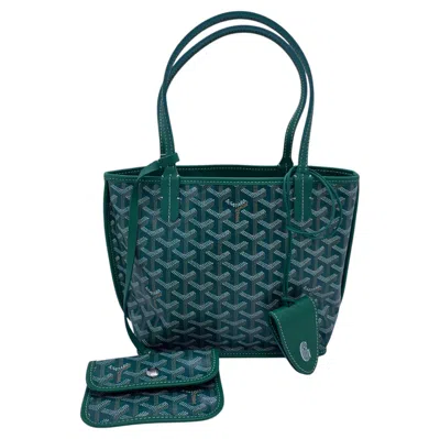 Pre-owned Goyard Anjou Mini Tote Bag Reversible Green Ine Coated Canvas Pouch