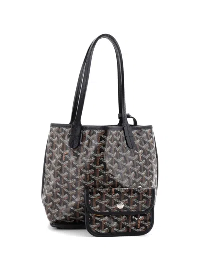 Pre-owned Goyard Anjou Reversible Tote Coated Canvas Mini Satchel In Black