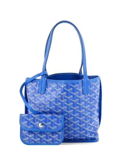 Pre-owned Goyard Anjou Reversible Tote Coated Canvas Mini Satchel In Blue