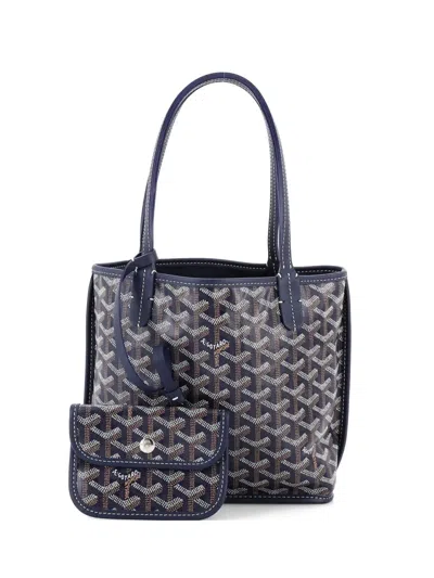 Pre-owned Goyard Anjou Reversible Tote Coated Canvas Mini Satchel In Blue