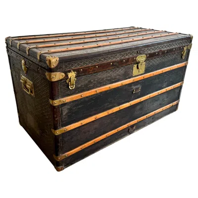 Pre-owned Goyard Antique  Leather, Canvas And Brass Steamer Trunk In Black