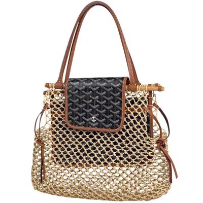 Pre-owned Goyard Beige Black Brown Raffia Coated Canvas Leather Shoulder Bag () In Multi