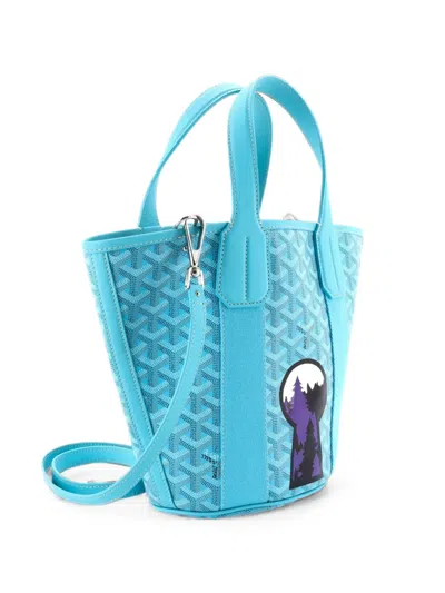 Pre-owned Goyard Belharra Printed Coated Canvas Pm Tote Bag In Blue