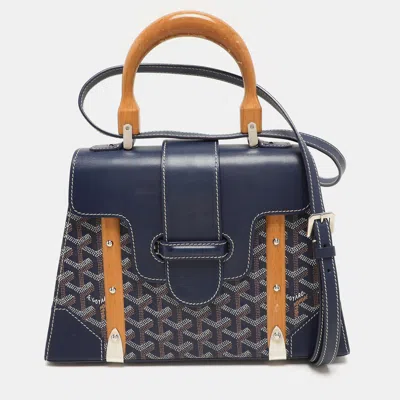 Pre-owned Goyard Blue Coated Canvas And Leather Pm Saigon Top Handle Bag