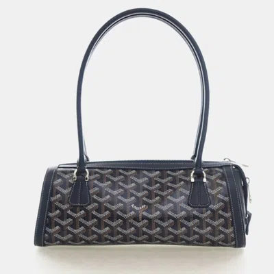 Pre-owned Goyard Bonbonniere Pm Navy Blue Coated Canvas Chevroches Calfskin Leather Shoulder Bag In Brown