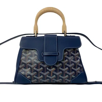 Pre-owned Goyard Brown Navy White Leather Pvc Wood Handbag Shoulder Bag ()