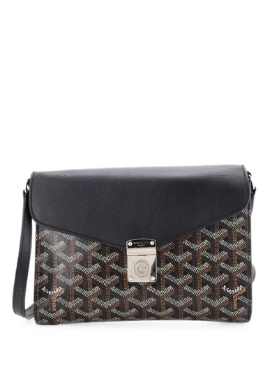 Pre-owned Goyard Chypre Wallet On Strap Coated Canvas With Leather Crossbody Bag In Black