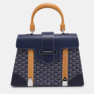 Pre-owned Goyard Ine Coated Canvas And Leather Saigon Mm Top Handle Bag In Blue