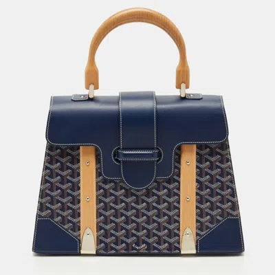 Pre-owned Goyard Ine Coated Canvas And Leather Saigon Mm Top Handle Bag In Blue