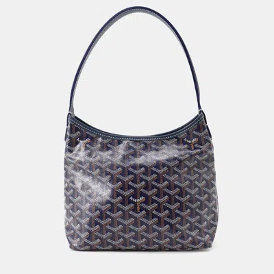 Pre-owned Goyard Ine Coated Canvas Leather Hobo Bag In Navy Blue