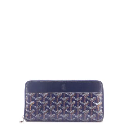 Pre-owned Goyard Matignon Zip Wallet Coated Canvas With Leather In Blue