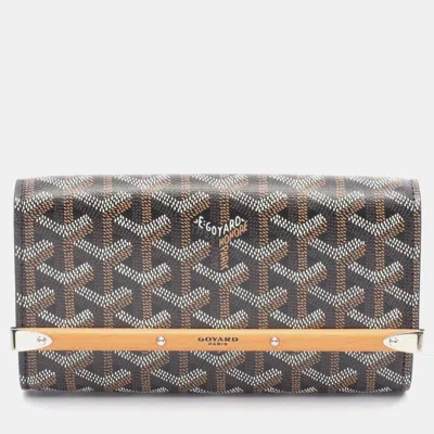 Pre-owned Goyard Monte Carlo Mini Case Pouch Bag In Coated Canvas And Wood Navy Multicolor In Brown