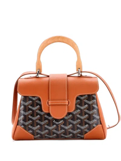 Pre-owned Goyard Saigon Top Handle Bag Coated Canvas With Leather Mini Shoulder Bag In Brown