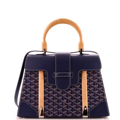 Pre-owned Goyard Saigon Top Handle Bag Coated Canvas With Leather Mm In Blue