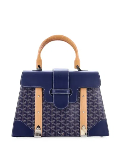 Pre-owned Goyard Saigon Top Handle Bag Coated Canvas With Leather Mm Satchel In Blue