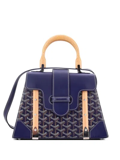Pre-owned Goyard Saigon Top Handle Bag Coated Canvas With Leather Pm Satchel In Blue