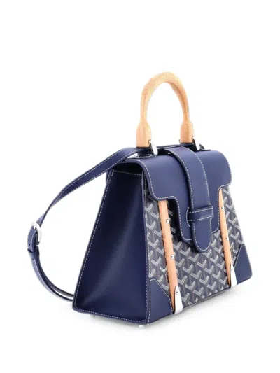 Pre-owned Goyard Saigon Top Handle Bag Coated Canvas With Leather Pm Satchel In Blue