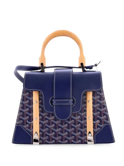 Pre-owned Goyard Saigon Top Handle Bag Coated Canvas With Leather Pm Satchel In Blue