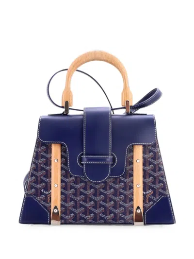 Pre-owned Goyard Saigon Top Handle Bag Coated Canvas With Leather Pm Satchel In Blue