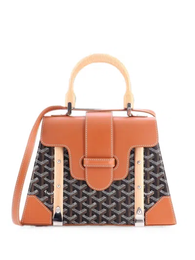 Pre-owned Goyard Saigon Top Handle Bag Coated Canvas With Leather Pm Satchel In Brown