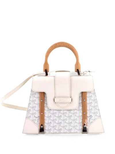 Pre-owned Goyard Saigon Top Handle Bag Coated Canvas With Leather Pm Satchel In White