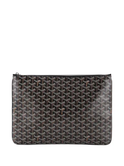 Pre-owned Goyard Senat Zip Coated Canvas Gm Pouch In Black