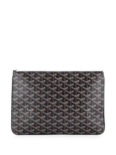 Pre-owned Goyard Senat Zip Coated Canvas Mm Pouch In Black