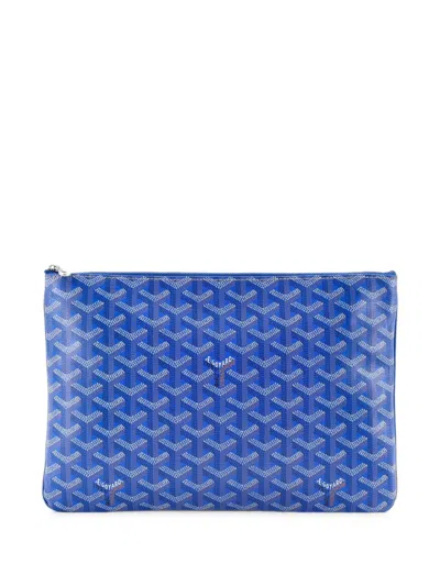 Pre-owned Goyard Senat Zip Coated Canvas Mm Pouch In Blue