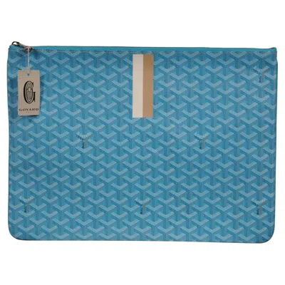 Pre-owned Goyard Senate Mm Pouch Turquoise Blue Clutch Coated Canvas Zip Top Computer Bag