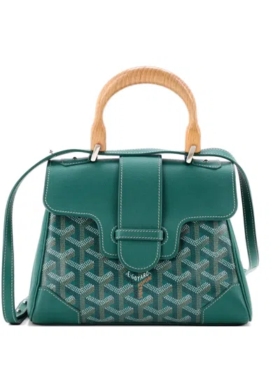Pre-owned Goyard Structured Saigon Top Handle Bag Coated Canvas With Leather Mini Satchel In Green