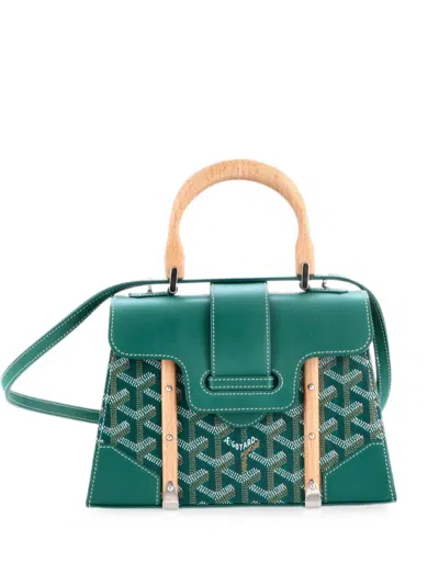 Pre-owned Goyard Structured Saigon Top Handle Bag Coated Canvas With Leather Mini Satchel In Green