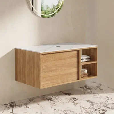 Grace 36" Floating Bathroom Vanity With Sintered Stone Countertop, Light Wood Grain Cabinet & Open Storage In Yellow