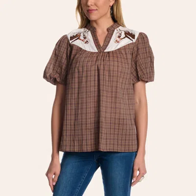 Grace & Emma Grace In La Women's Brown Plaid Print Horse Embroidered Puff Sleeve Top