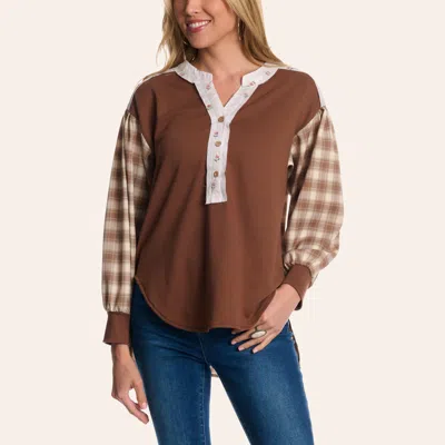 Grace & Emma Women's Brown Plaid & Floral Print Long Sleeve Henley Top