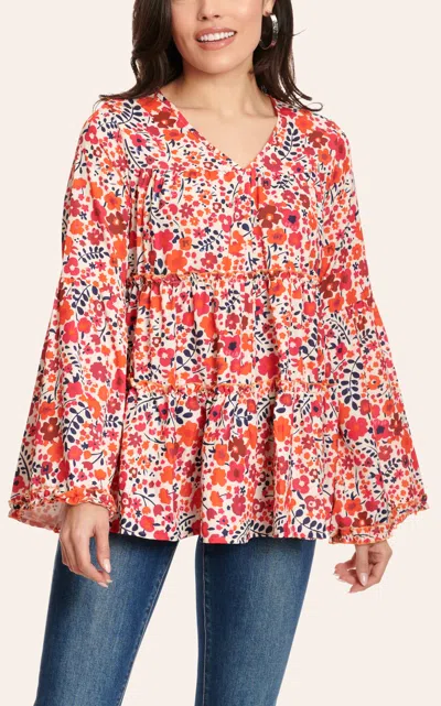 Grace & Emma Women's Tangerine & Berry Floral Print Baby Doll Long Sleeve Top In Multi