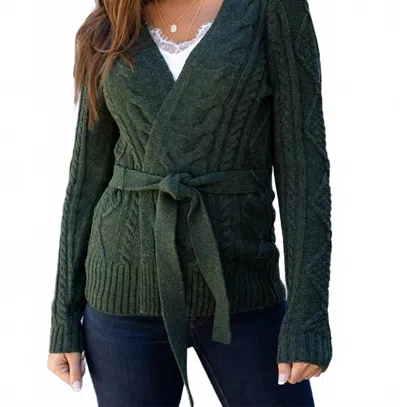 Grace & Lace Belted Cable Cardigan In Green