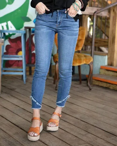 Grace & Lace Cropped Double Hem Jeggings In Mid Wash In Blue