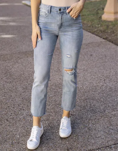 Grace & Lace Distressed Straight Leg Cropped Denim Jeans In Light Mid-wash