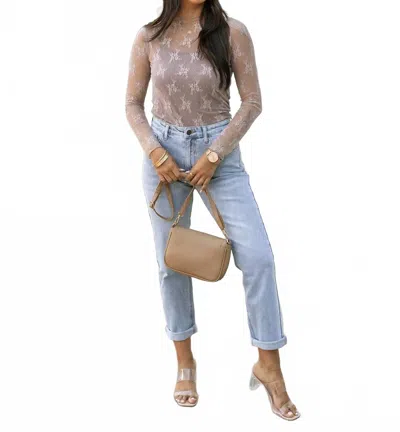 Grace & Lace Floral Lace Mesh Long Sleeve Top In Taupe In Neutral