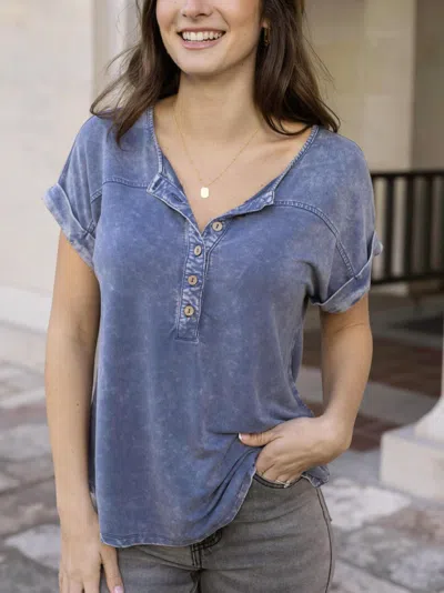 Grace & Lace Henley Mineral Washed Tee In Washed Navy