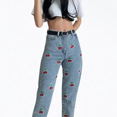 Grace & Lace High-rise Cherry-embroidered Tapered Jeans In Blue