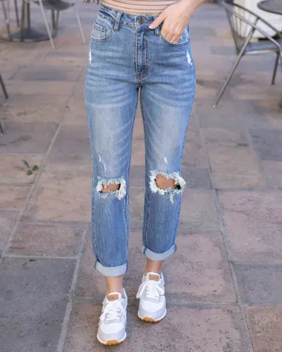 Grace & Lace High Rise Girlfriend Distressed Jeans In Medium Wash In Animal Print