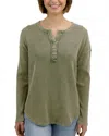 Grace & Lace Mineral Washed Waffle Henley Sweater In Chive In Green
