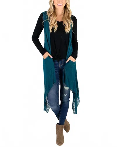 Grace & Lace Pointelle Duster Flip Cardigan In Teal In Black