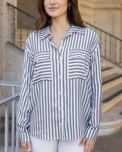 Grace & Lace Seaside Stripe Button Up Top In Blue