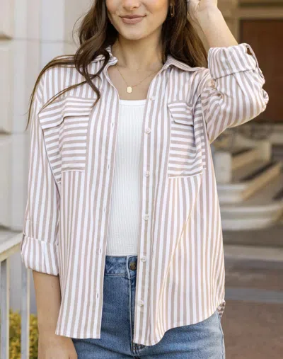 Grace & Lace Seaside Striped Button Down Shirt In Tan/ivory