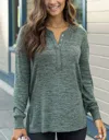 Grace & Lace Snow Day Henley Long Sleeve Top In Heathered Sage In Multi