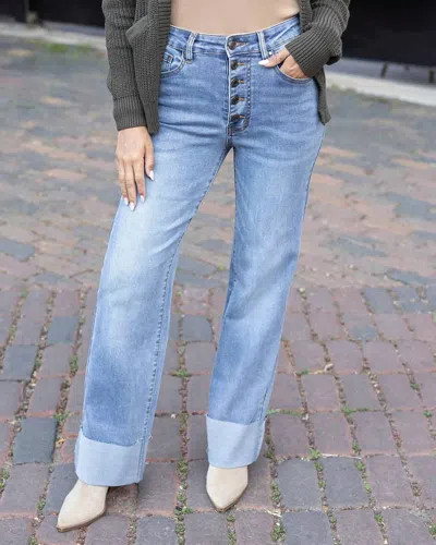 Grace & Lace Straight Leg Cuffed Jeans In Mid-wash In Blue