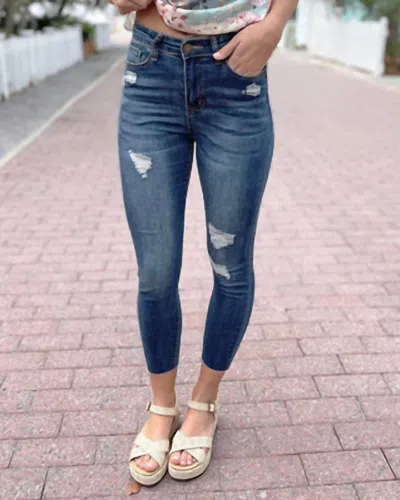 Grace & Lace Women's Repurposed Cropped Distressed Denim In Dark Mid Wash In Multi